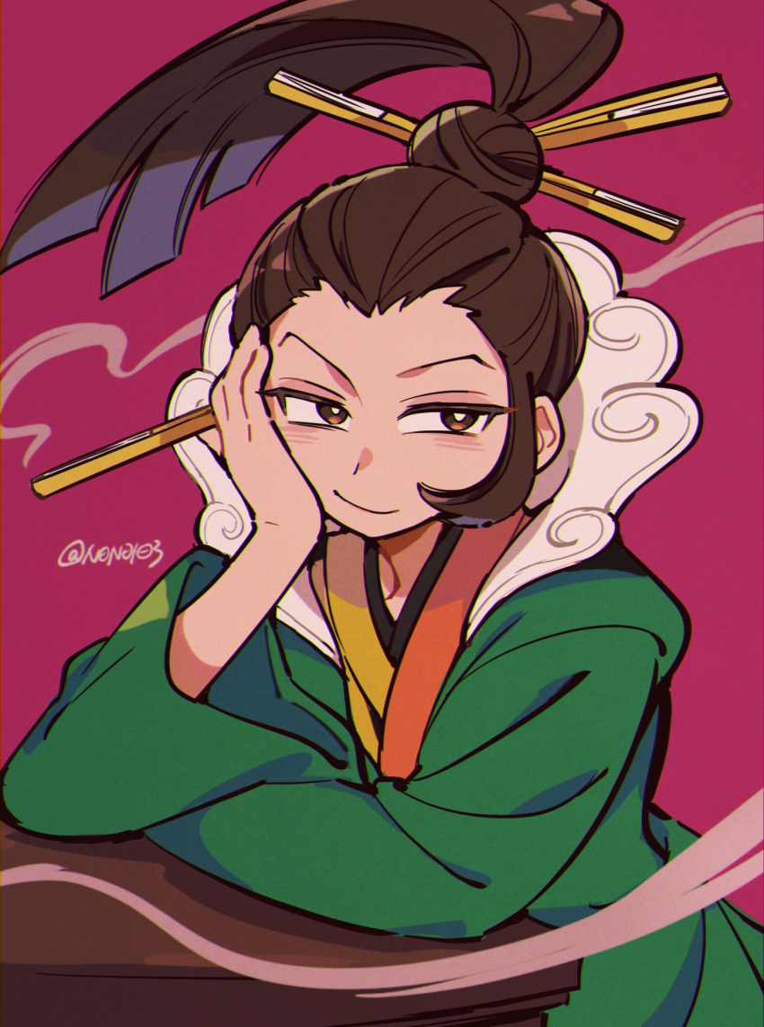 1boy, ace_attorney, arm_support, brown_eyes, brown_hair, closed_mouth, commentary_request, elbows_on_table