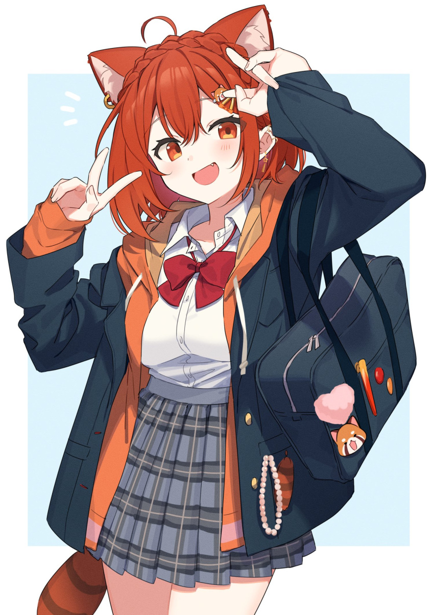 1girl, ahoge, animal_ear_fluff, animal_hair_ornament, aqua_background, arms_up, bag, beads