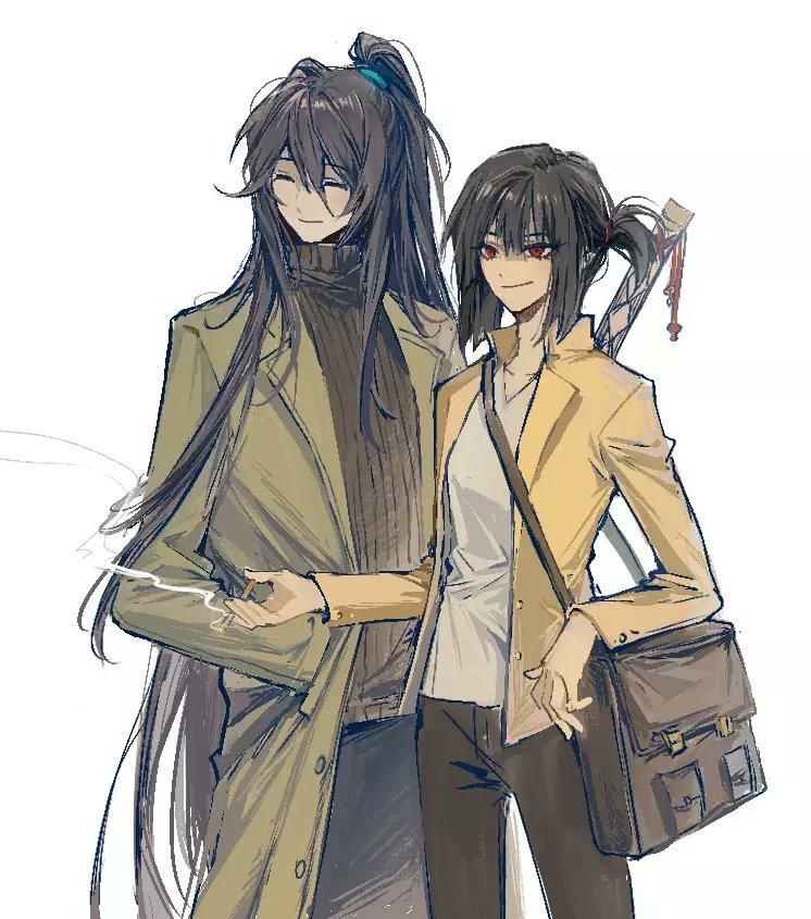 1boy, 1girl, bag, black_hair, blue_hair, blue_hairband, bob_cut, cigarette