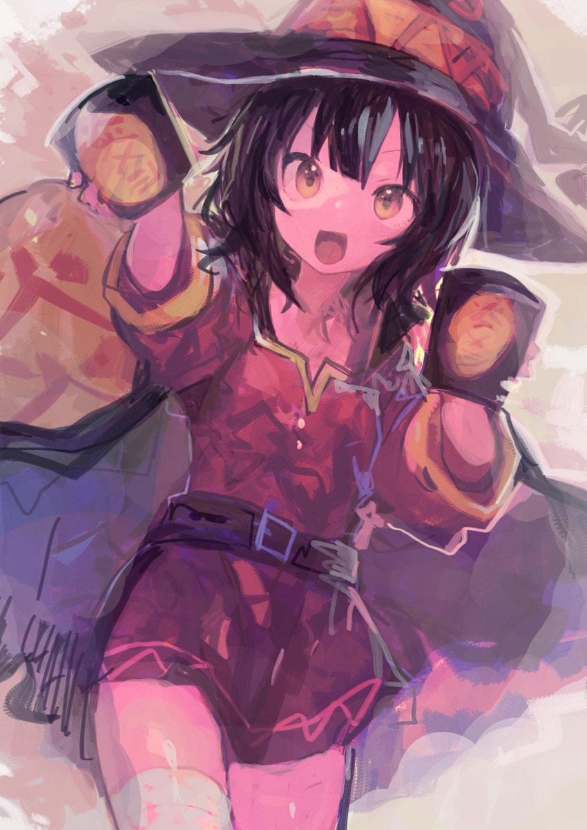 1girl, absurdres, belt, black_cape, black_hair, cape, cowboy_shot, currymeshi, dress, food, hat, highres, holding, holding_food, kaamin_(mariarose753), kono_subarashii_sekai_ni_shukufuku_wo!, looking_at_viewer, megumin, open_mouth, red_dress, red_eyes, short_dress, smile, solo, witch_hat