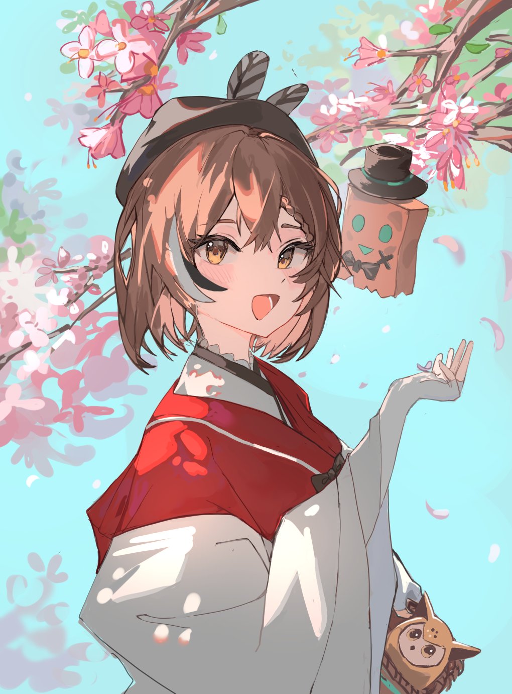 1girl, :d, ahoge, basket, beret, bird, bow, bowtie