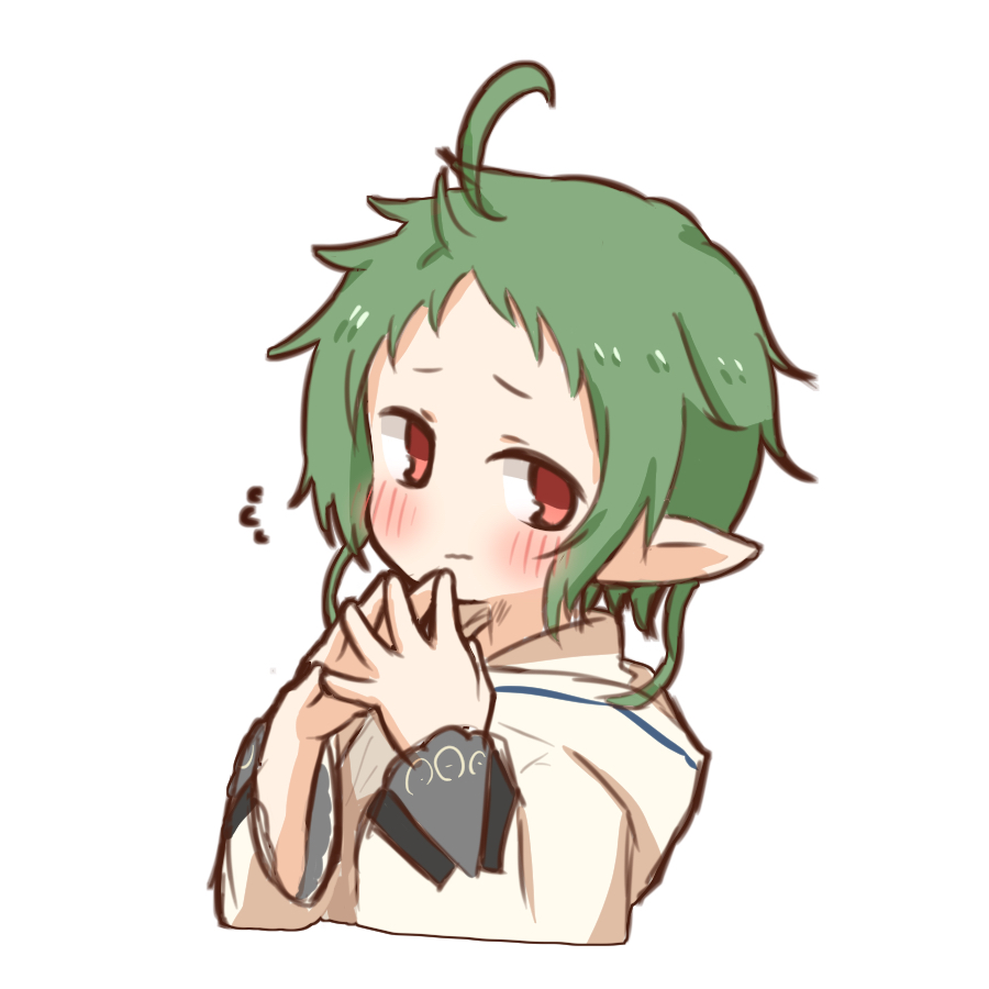 1girl, ahoge, blush, elf, flying_sweatdrops, green_hair, hands_up, hood