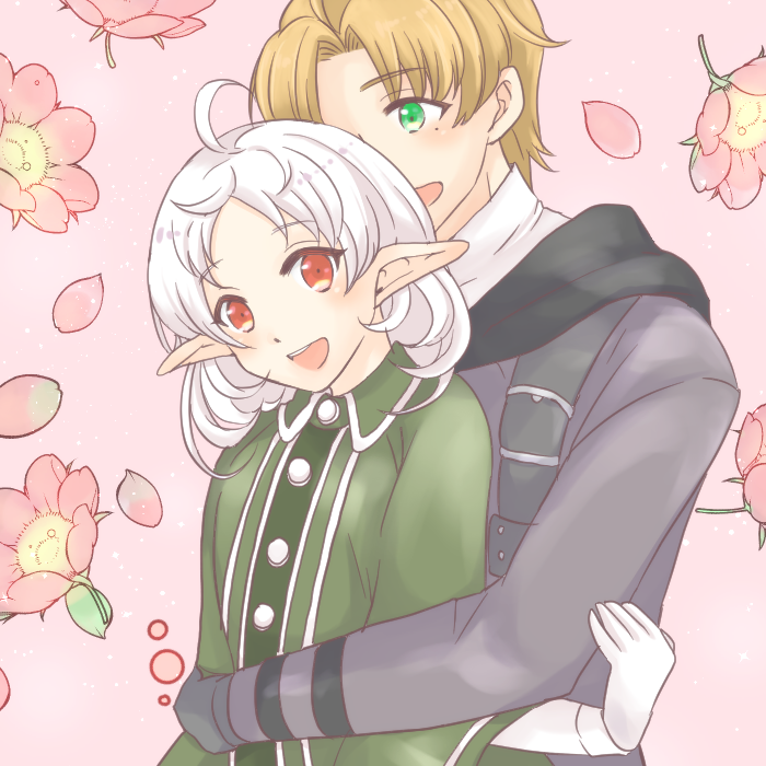 1boy, 1girl, ahoge, black_robe, cloak, elf, flower, green_cloak