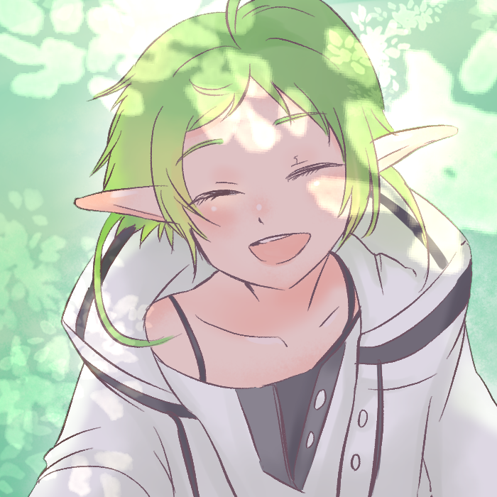 1girl, closed_eyes, dappled_sunlight, day, elf, green_hair, hood, hooded_jacket