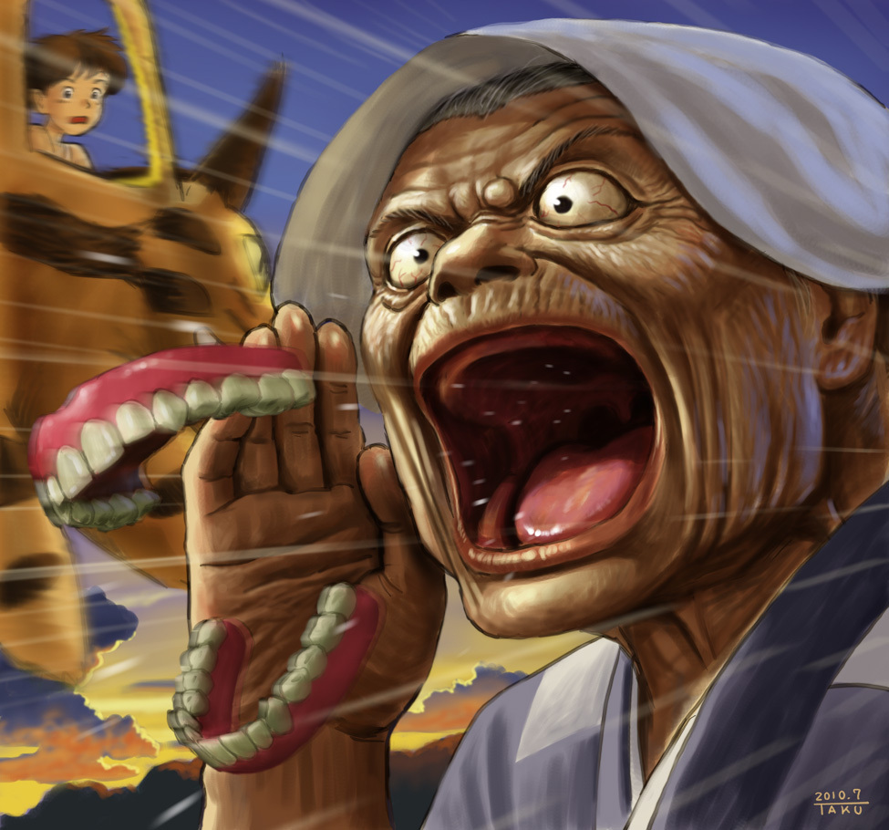 dentures, flying_dentures, ghibli, kusakabe_mei, matataku, nekobus, obaachan_(totoro), old_woman, open_mouth, speed_lines, studio_ghibli, teeth, tonari_no_totoro, what
