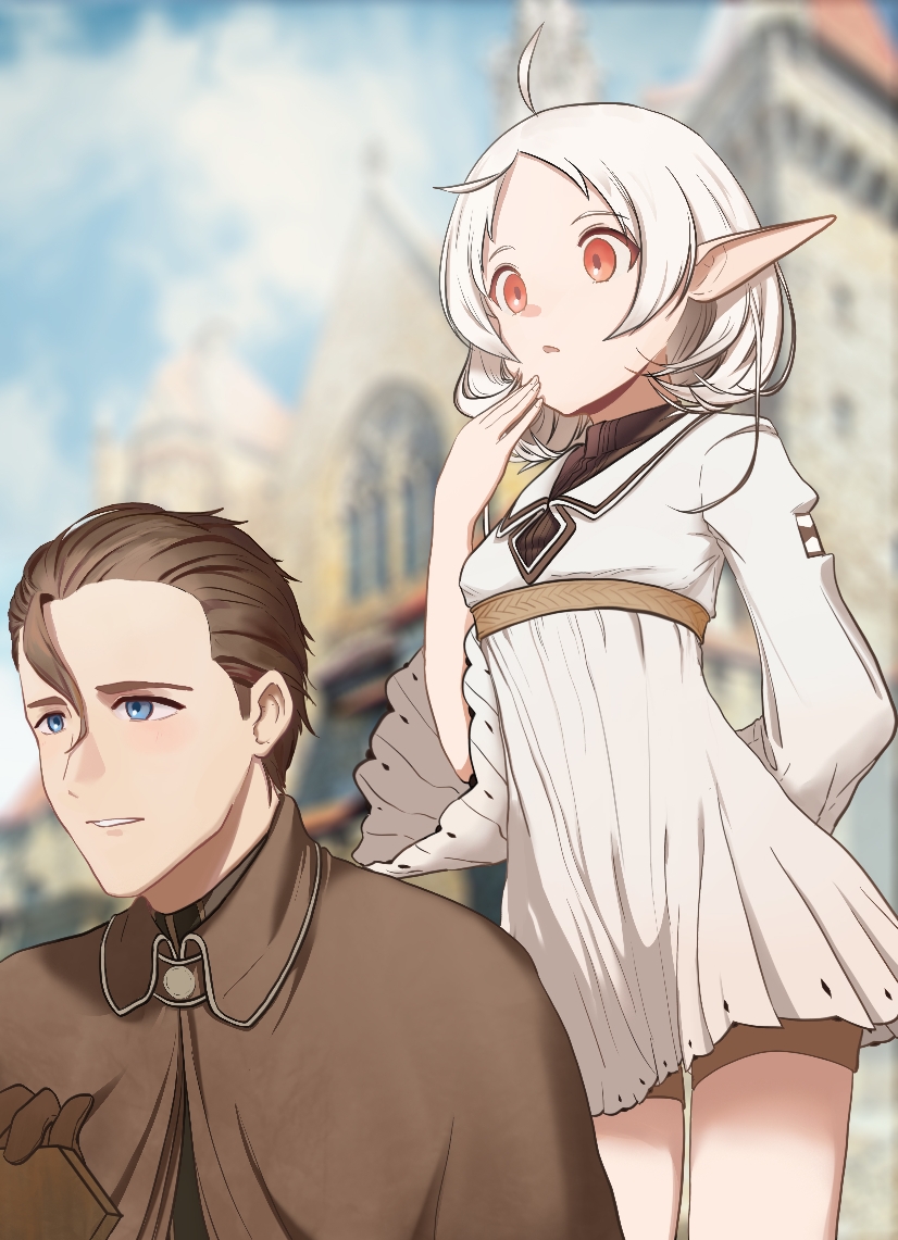 1boy, 1girl, aerldor, ahoge, blue_eyes, brown_cloak, brown_hair, building, cloak, dress, elf, hair_slicked_back, hand_up, luke_notos_greyrat, mushoku_tensei, pointy_ears, red_eyes, short_hair, shorts_under_dress, sylphiette_(mushoku_tensei), white_dress