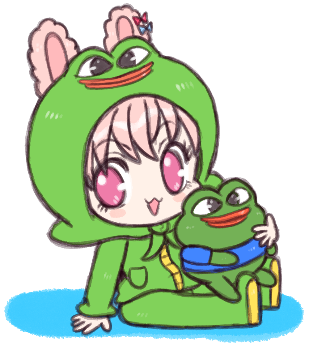 1girl, animal_costume, animal_ears, boy's_club, frog, frog_costume, looking_at_viewer, nodonmai, on_ground, pepe_the_frog, phase_connect, pink_eyes, pink_hair, pipkin_pippa, rabbit_ears, rabbit_girl, sitting, solo, virtual_youtuber