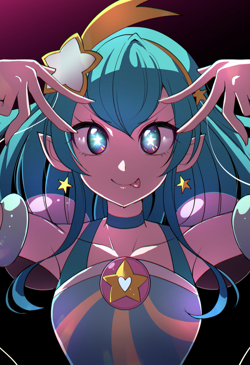 1girl, :p, absurdres, aqua_choker, aqua_eyes, aqua_hair, aqua_shirt, black_background