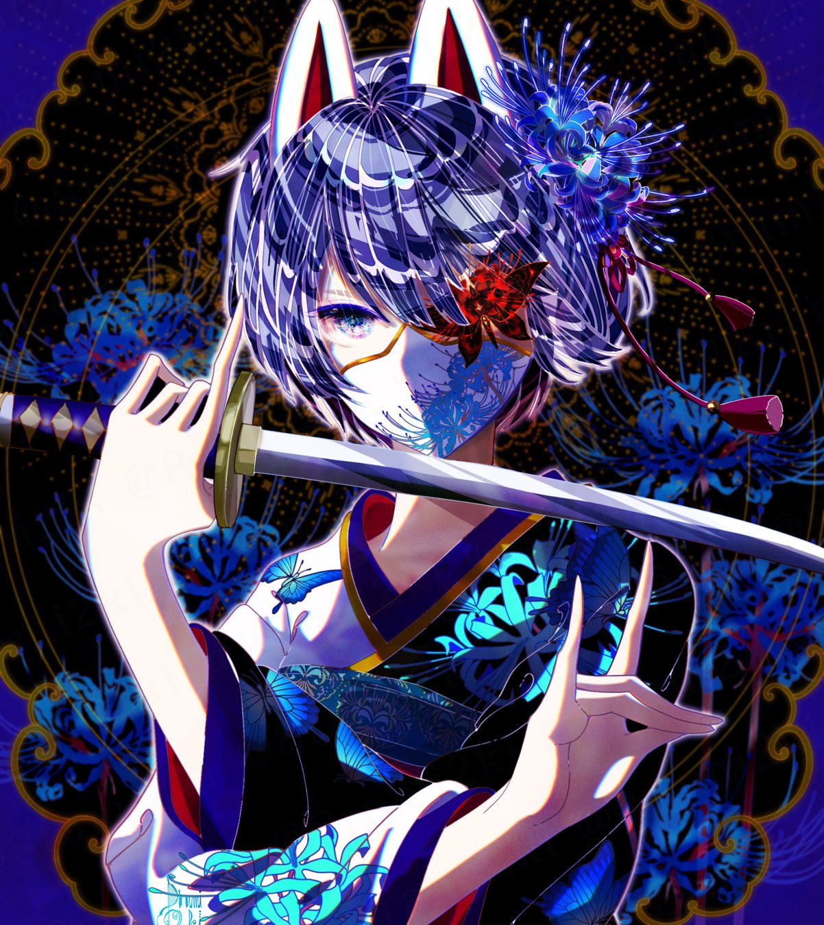 1girl, 8rami2ki, animal_ears, animal_print, butterfly_print, fox_ears, highres, japanese_clothes