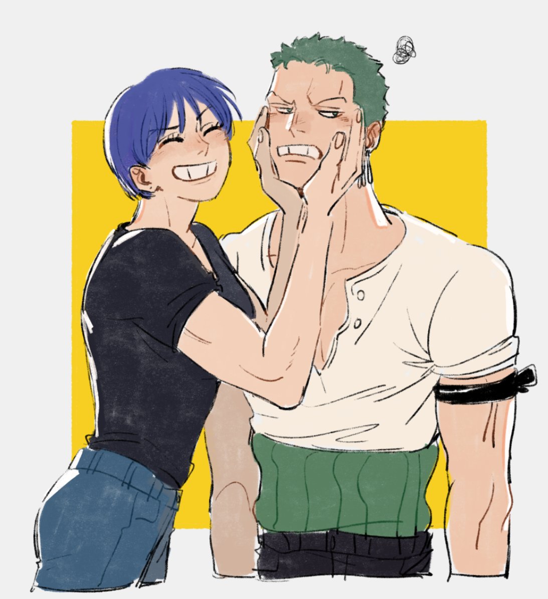 1boy, 1girl, aged_up, bandana, bandana_around_arm, black_shirt, blue_hair, blush, closed_eyes, denim, earrings, green_hair, guillartee, hands_on_another's_cheeks, hands_on_another's_face, haramaki, jeans, jewelry, kuina, one_piece, pants, roronoa_zoro, shirt, short_hair, short_sleeves, single_earring, smile, teeth, time_paradox