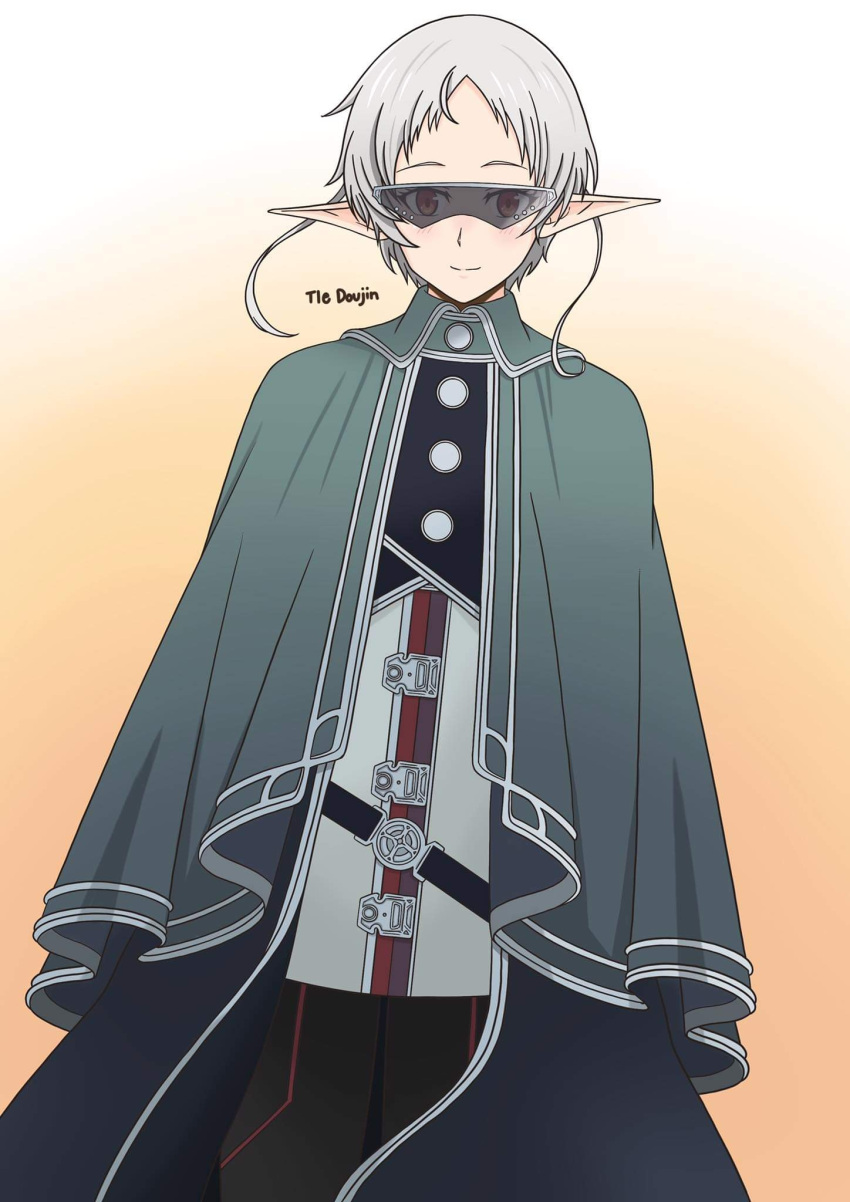 1girl, artist_name, cloak, closed_mouth, elf, gradient_background, green_cloak, highres, mushoku_tensei, pointy_ears, ranoa_magic_academy_school_uniform, red_eyes, school_uniform, short_hair, smile, solo, sunglasses, sylphiette_(mushoku_tensei), tledoujin, white_hair, yellow_background