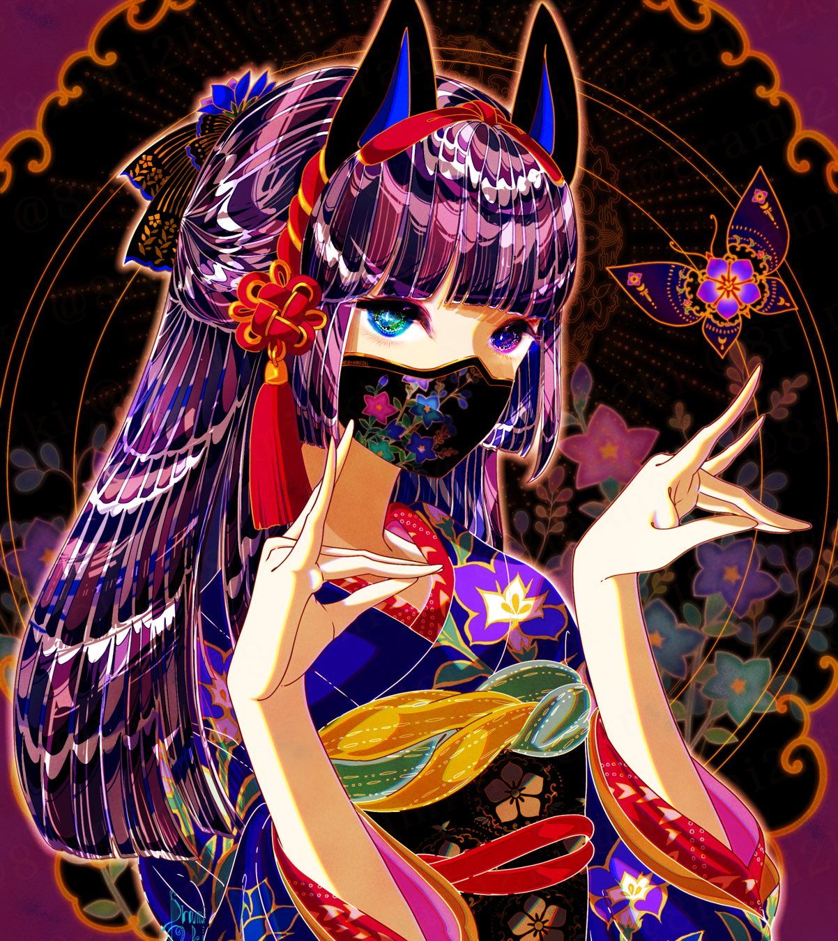 1girl, 8rami2ki, animal_ears, bug, butterfly, fox_ears, fox_shadow_puppet, highres