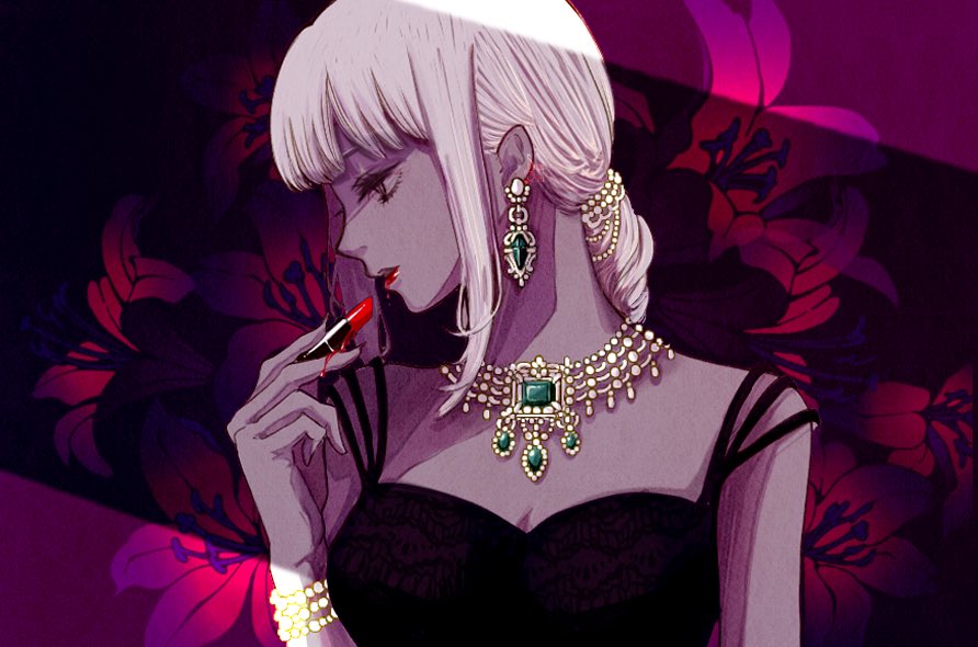 8rami2ki, chainsaw_man, earrings, flower, jewelry, lipstick, makeup, makima_(chainsaw_man), necklace, white_hair