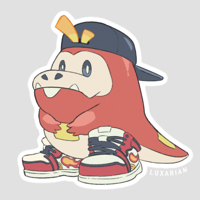 backwards_hat, baseball_cap, black_headwear, bright_pupils, fangs, fangs_out, flame_print, fuecoco