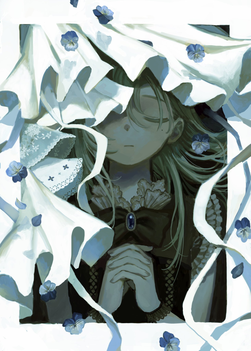 1girl, black_bow, black_bowtie, black_dress, blue_flower, bow, bowtie, brooch