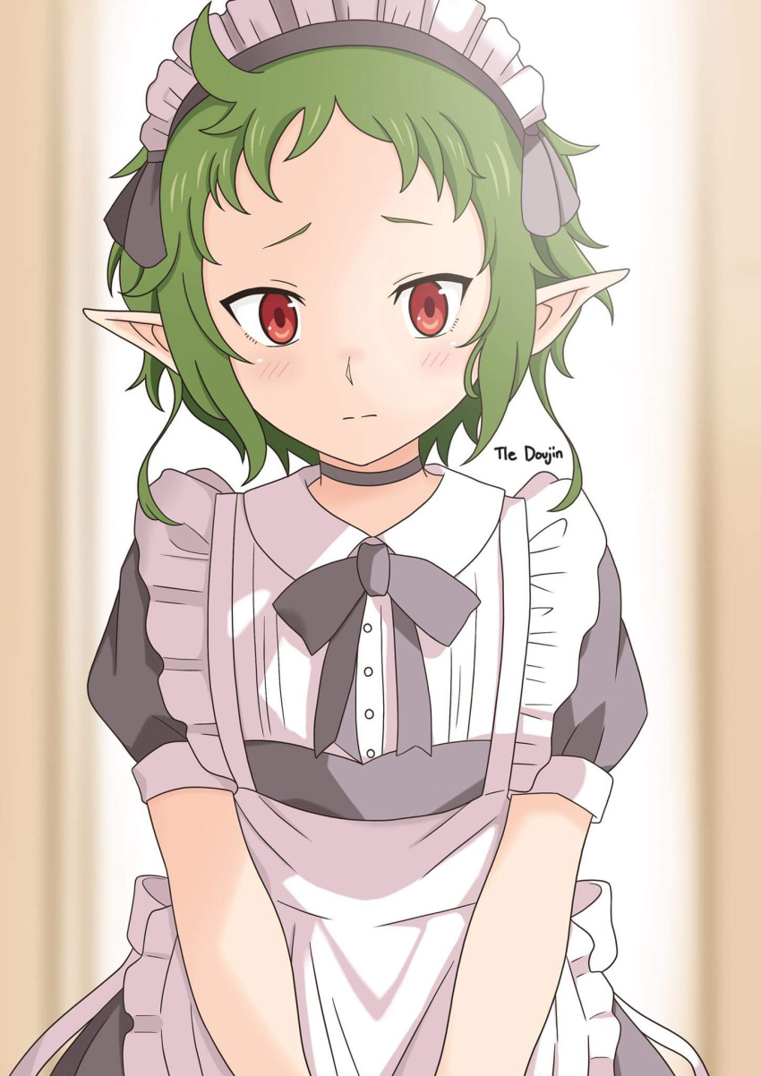 1girl, alternate_costume, apron, black_choker, black_dress, choker, dress, elf, enmaided, frilled_apron, frills, green_hair, highres, light_blush, maid, maid_apron, maid_headdress, mushoku_tensei, pointy_ears, puffy_short_sleeves, puffy_sleeves, red_eyes, short_hair, short_sleeves, solo, sylphiette_(mushoku_tensei), tledoujin, white_apron