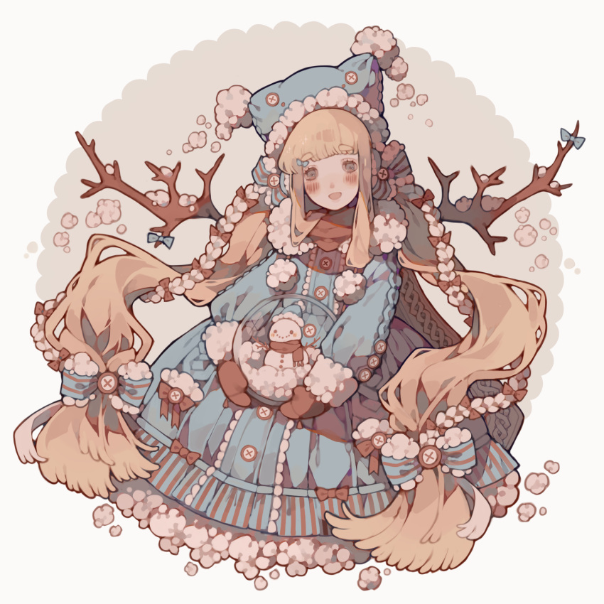 1girl, blonde_hair, blue_bow, blue_dress, blue_eyes, blue_headwear, blunt_ends, blush, blush_stickers, bow, braid, branch, brown_bow, brown_mittens, brown_scarf, buttons, center_frills, circle, commission, dress, english_commentary, eyelashes, fluffy, frills, fur-trimmed_bow, fur-trimmed_dress, fur-trimmed_headwear, fur-trimmed_hood, fur-trimmed_sleeves, fur_trim, hair_bow, hair_ornament, hairclip, hat, highres, holding, hood, hood_down, hooded_dress, littlebluemuffin, long_hair, long_sleeves, looking_at_viewer, low_twin_braids, low_twintails, mittens, multiple_hair_bows, open_mouth, original, pom_pom_(clothes), scarf, smile, snow, snow_globe, snowman, striped, striped_bow, sweater, sweater_dress, thick_eyebrows, twin_braids, twintails, very_long_hair, white_background