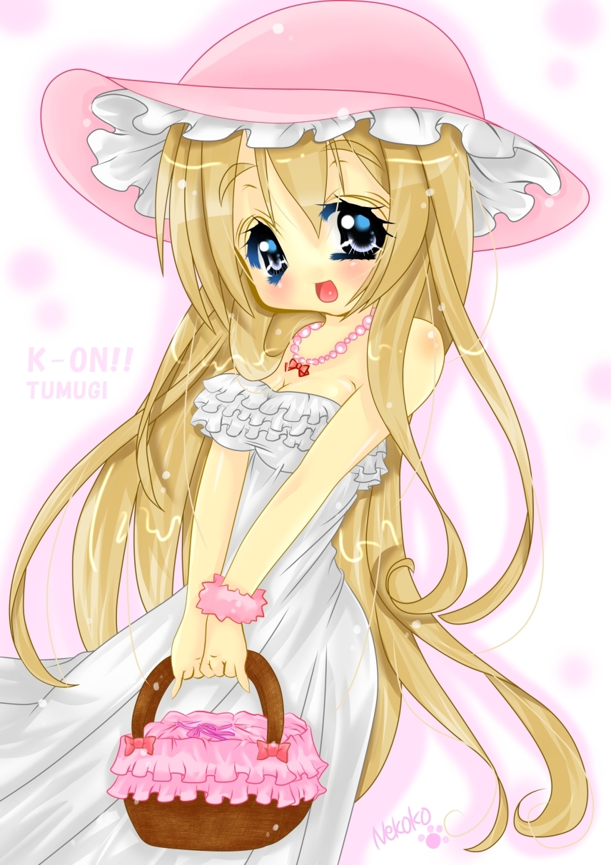 bare_shoulders, basket, blonde_hair, blue_eyes, dress, hat, k-on!, kotobuki_tsumugi