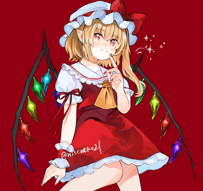 1girl, blonde_hair, bow, flandre_scarlet, highres, long_hair, niseneko_(mofumofu_ga_ienai), rainbow_wings