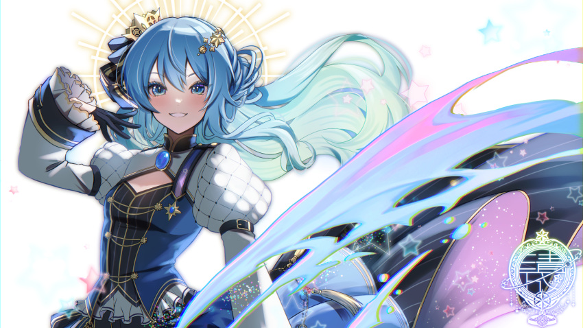 1girl, aqua_hair, artist_logo, black_gloves, blue_dress, blue_eyes, blue_hair, cleavage_cutout