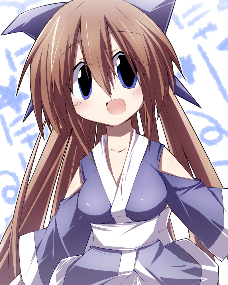 1girl, bibi02, blue_bow, blue_eyes, bow, breasts, brown_hair, clothing_cutout, cowboy_shot, hair_bow, japanese_clothes, long_hair, nagasarete_airantou, open_mouth, ponytail, ribbon, shoulder_cutout, simple_background, suzu_(nagasarete_airantou), very_long_hair, white_ribbon