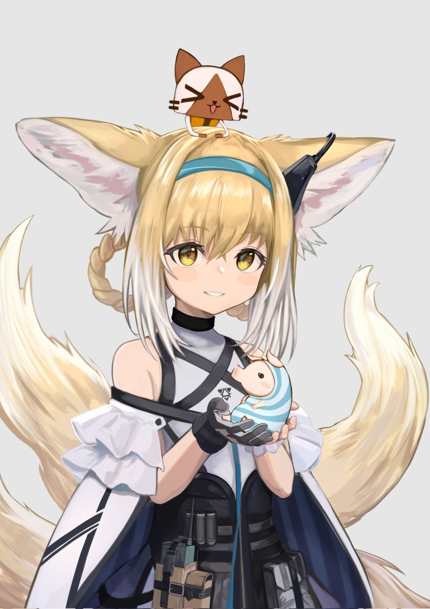 1girl, animal_ears, animal_on_head, arknights, bare_shoulders, black_gloves, blonde_hair, braid, braided_hair_rings, cat, cat_on_head, colored_tips, commentary_request, creature, crossover, dress, earpiece, felyne, fox_ears, fox_girl, fox_tail, frilled_sleeves, frills, gloves, grey_background, hair_between_eyes, hair_rings, highres, holding, holding_creature, kitsune, kyuubi, monster_hunter_(series), multicolored_hair, multiple_tails, on_head, oyatsuming, parted_lips, poogie, simple_background, single_glove, suzuran_(arknights), tail, teeth, two-tone_hair, upper_body, white_hair
