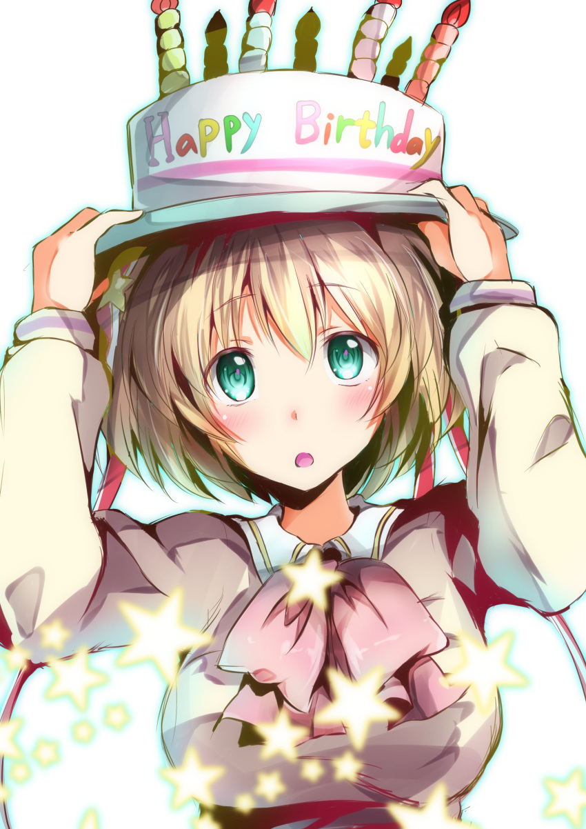 1girl, :o, absurdres, arms_up, birthday_cake, blonde_hair, blurry, blush