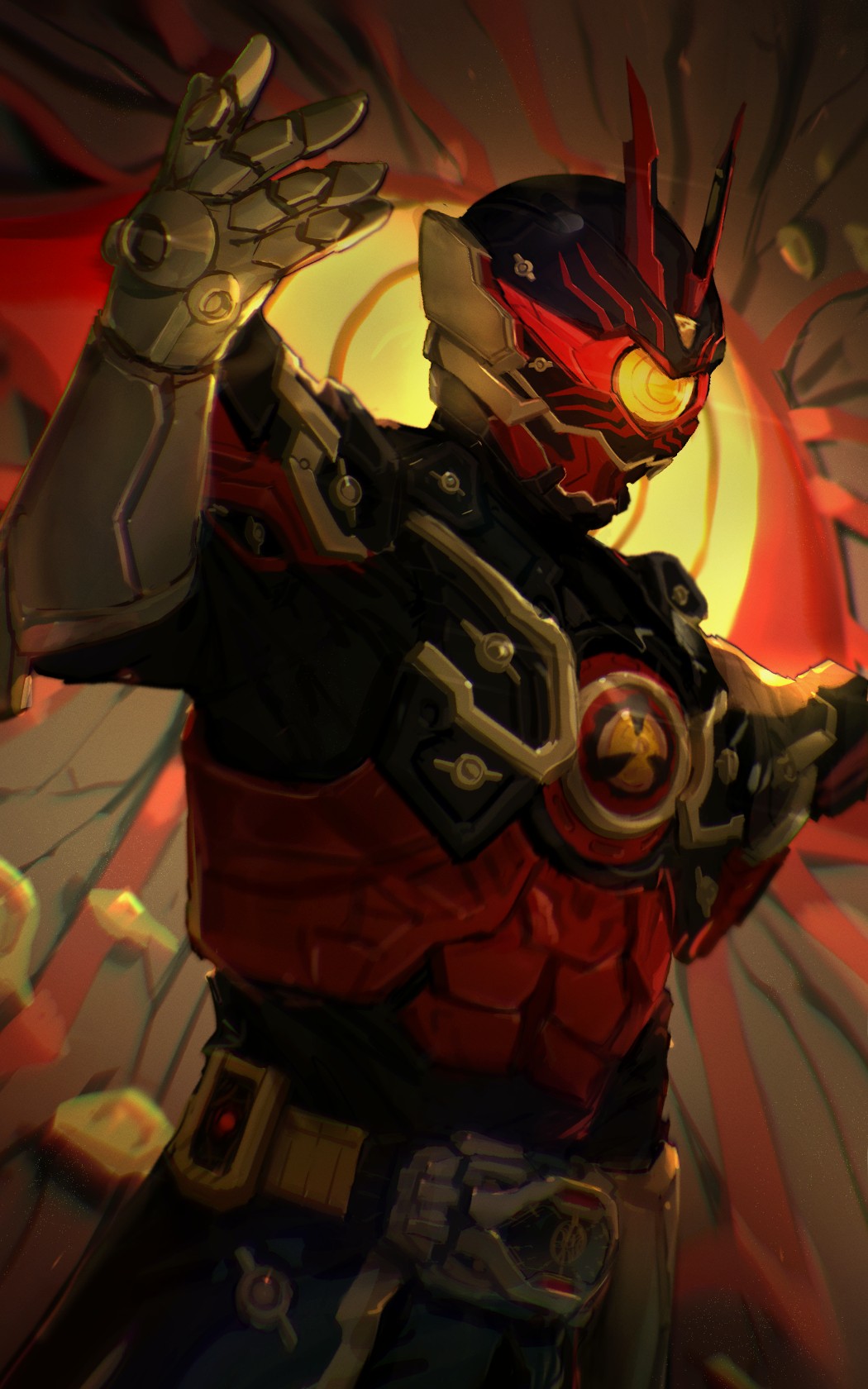 1boy, antennae, armor, black_background, black_bodysuit, bodysuit, commentary_request, fire