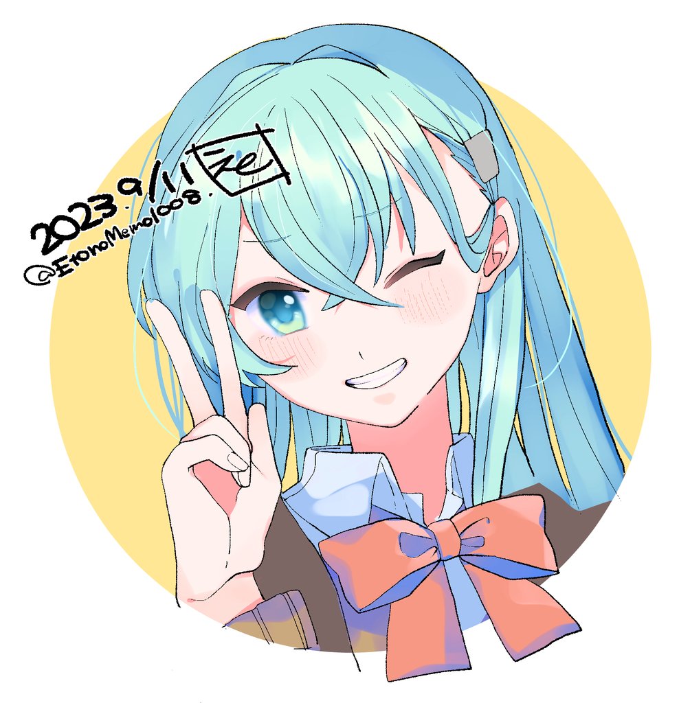 1girl, aqua_hair, blush, collared_shirt, dated, eto_(etonomemo1008), green_eyes, grin
