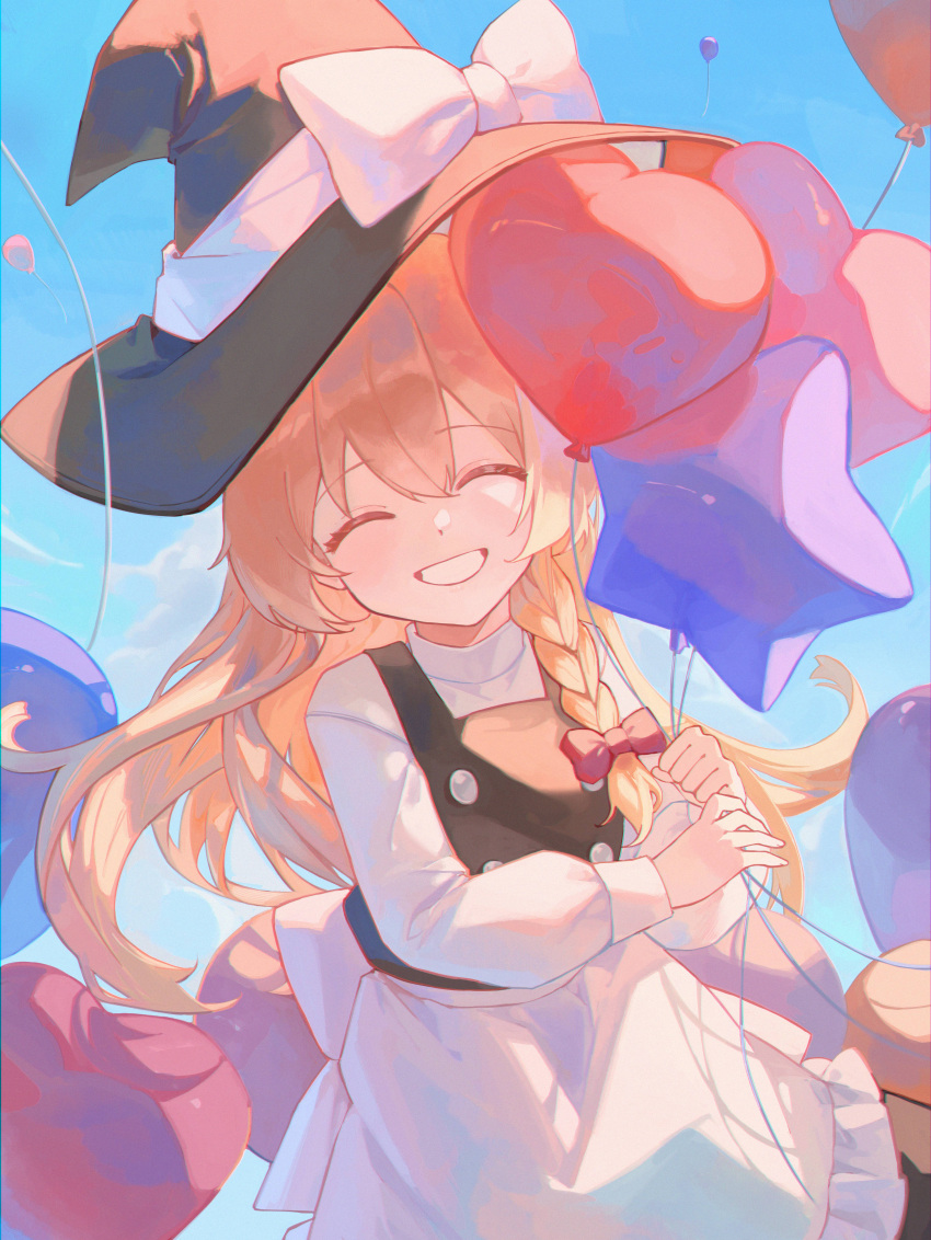 1girl, absurdres, balloon, black_headwear, black_vest, blonde_hair, bow, braid