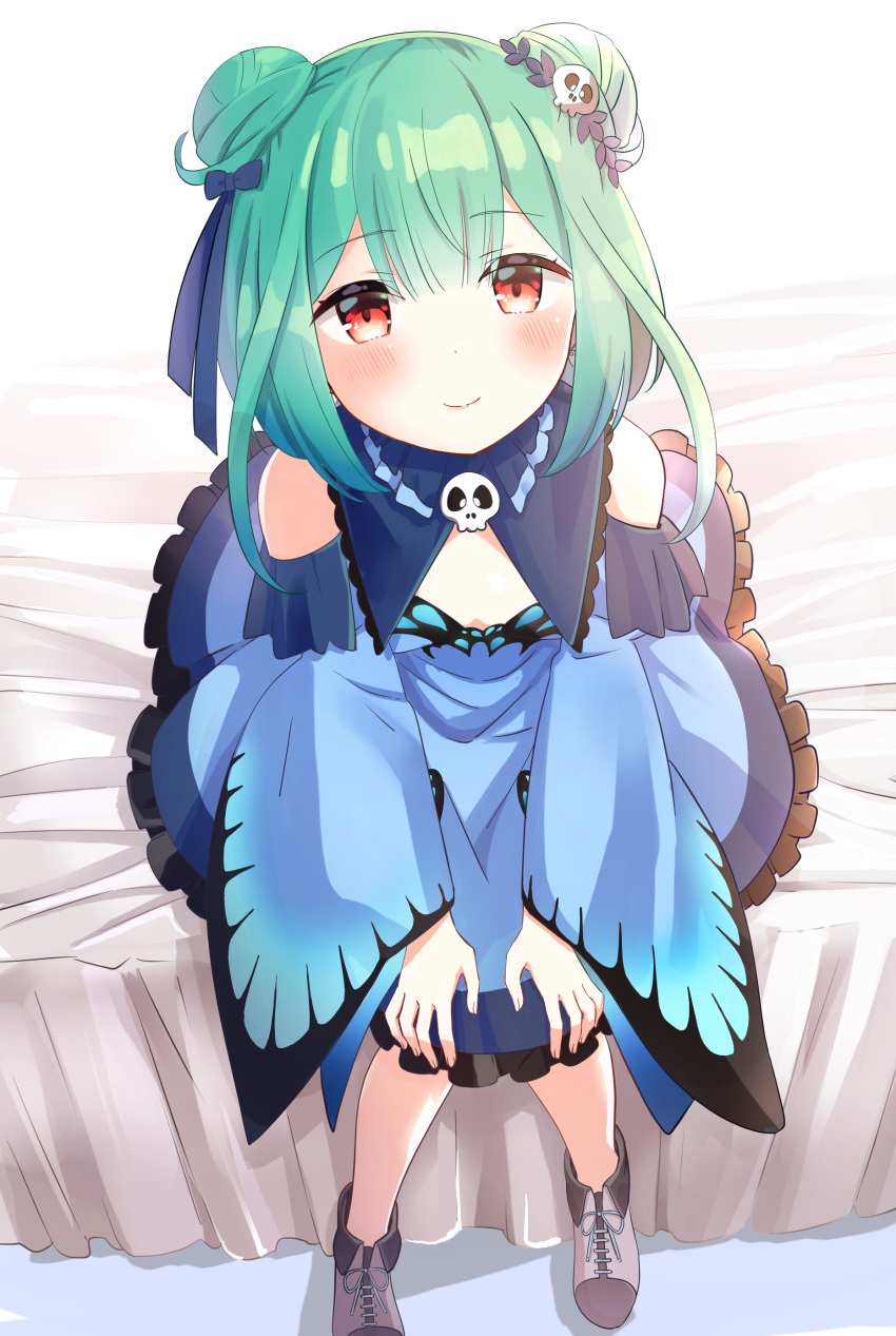 1girl, absurdres, animal_print, bare_shoulders, blush, bug, butterfly, butterfly_print