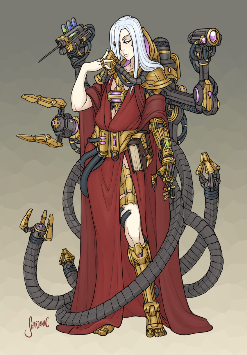 1girl, adeptus_mechanicus, arm_up, artificial_eye, book_holster, cloak, cyborg, hair_over_one_eye