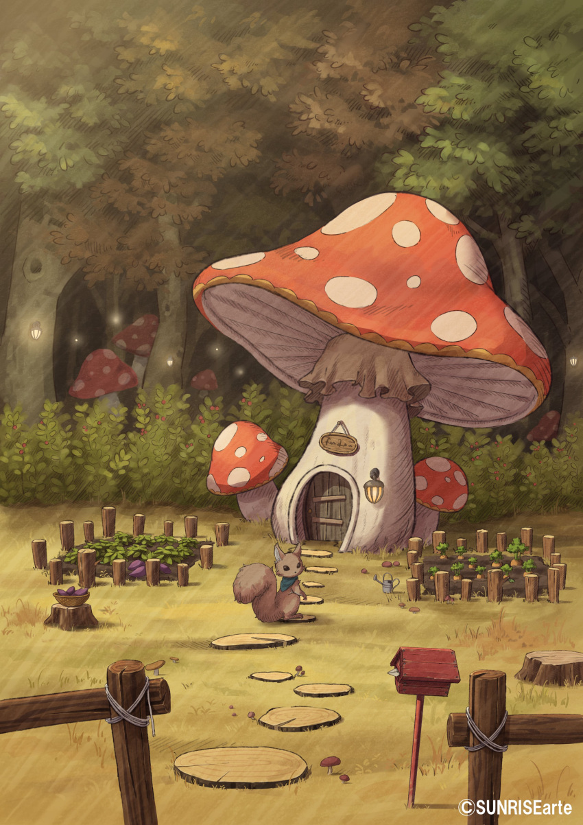 absurdres, autumn, basket, building, door, fence, forest, garden, grass, highres, house, lantern, looking_at_viewer, looking_back, mailbox_(incoming_mail), mushroom, mushroom_house, nature, no_humans, original, outdoors, scenery, sign, squirrel, sunrise_arte, tree, tree_stump, watering_can, wooden_fence