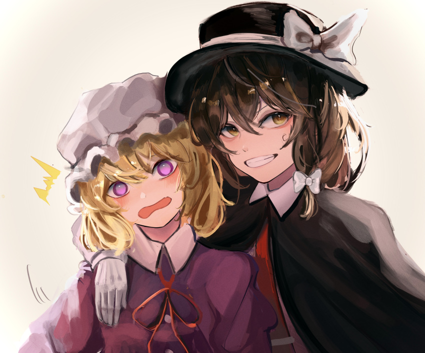 2girls, absurdres, black_capelet, black_headwear, blonde_hair, blush, brown_eyes, brown_hair