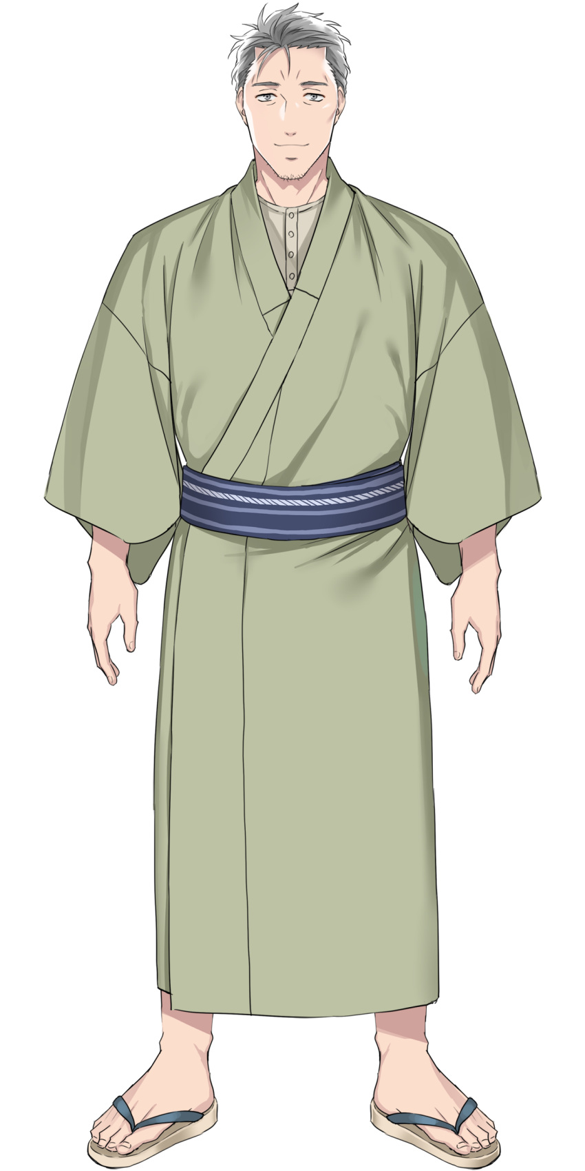 1boy, absurdres, blue_sash, brown_footwear, full_body, green_kimono, grey_eyes, grey_hair, highres, japanese_clothes, kimono, long_sleeves, looking_at_viewer, maimoto_keisuke, maimoto_keisuke_(1st_costume), male_focus, nijisanji, obi, official_art, otototo, sandals, sash, second-party_source, short_hair, solo, tachi-e, transparent_background, virtual_youtuber