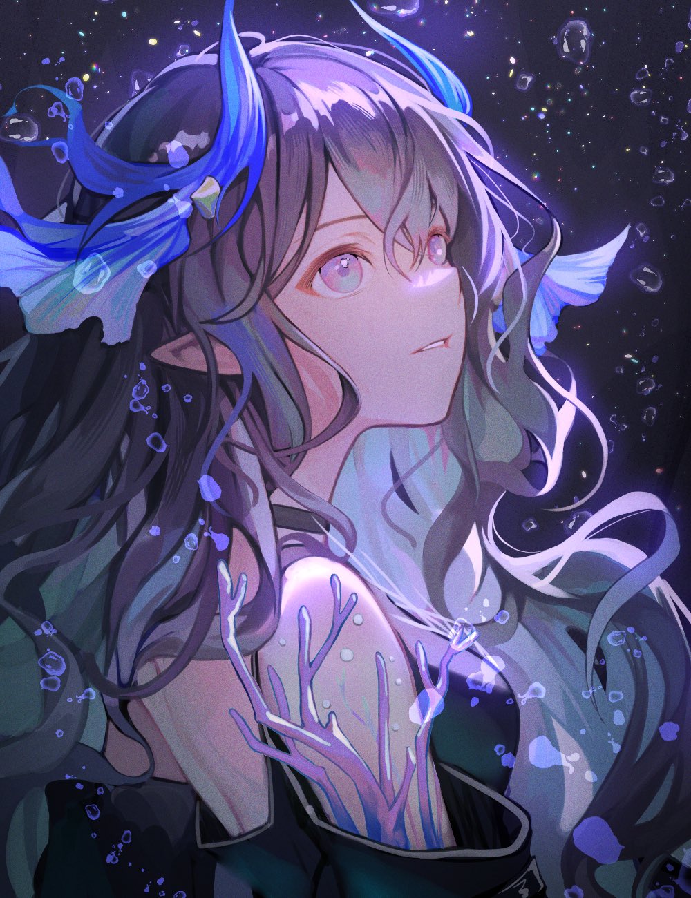 1girl, arknights, bare_back, black_dress, blue_background, breasts, brown_hair, bubble, commentary, coral, dress, english_commentary, fins, grlcbrd_butter, head_fins, highmore_(arknights), highres, long_hair, looking_up, medium_breasts, pointy_ears, simple_background, solo, upper_body, violet_eyes, wavy_hair