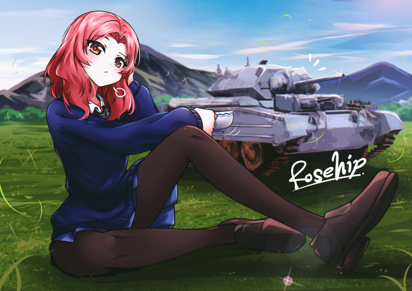 1girl, absurdres, arm_on_knee, black_footwear, black_necktie, black_pantyhose, blue_skirt, blue_sky