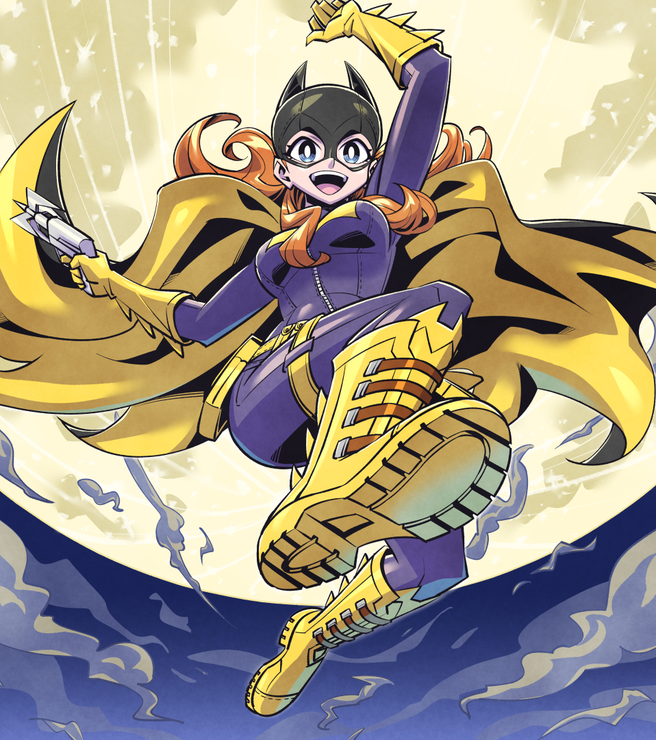 1girl, barbara_gordon, batgirl, batman, batman_(series), blue_eyes, boots, breasts