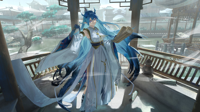 1girl, absurdres, arch, architecture, arknights, armpits, blue_skin, bonsai