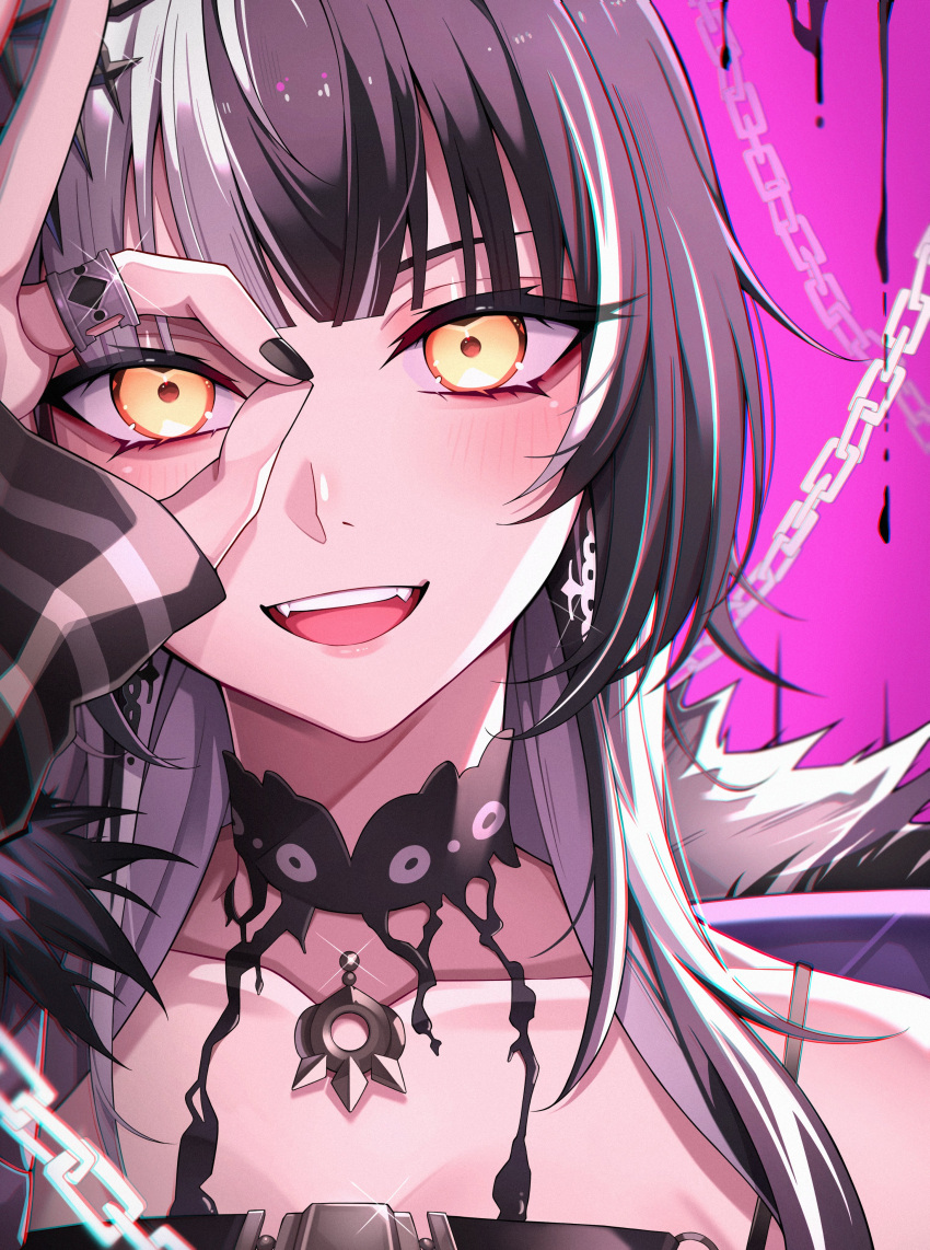 1girl, absurdres, black_choker, black_hair, black_nails, blunt_bangs, chain, chain_earrings