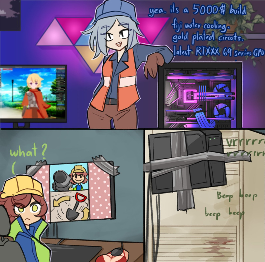3girls, blue_shirt, breast_mousepad, brown_gloves, brown_hair, brown_pants, cement_mixer, centurii-chan