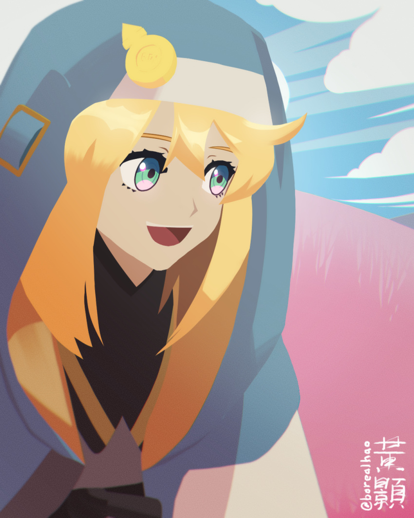 1girl, :d, androgyne_symbol, aqua_eyes, artist_name, blonde_hair, borealhao, bridget_(guilty_gear), clouds, copyright_request, female_focus, habit, highres, hood, hood_up, hooded_jacket, hoodie, jacket, looking_to_the_side, medium_hair, open_clothes, open_hoodie, smile