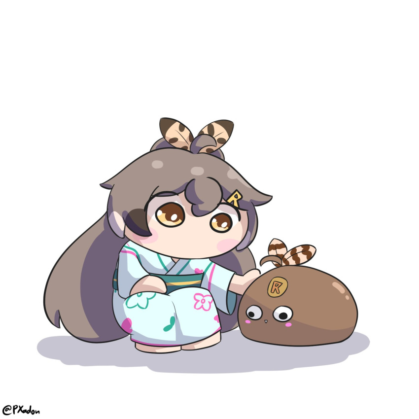 1girl, ahoge, blue_kimono, blush_stickers, brown_eyes, brown_hair, chibi, feather_hair_ornament