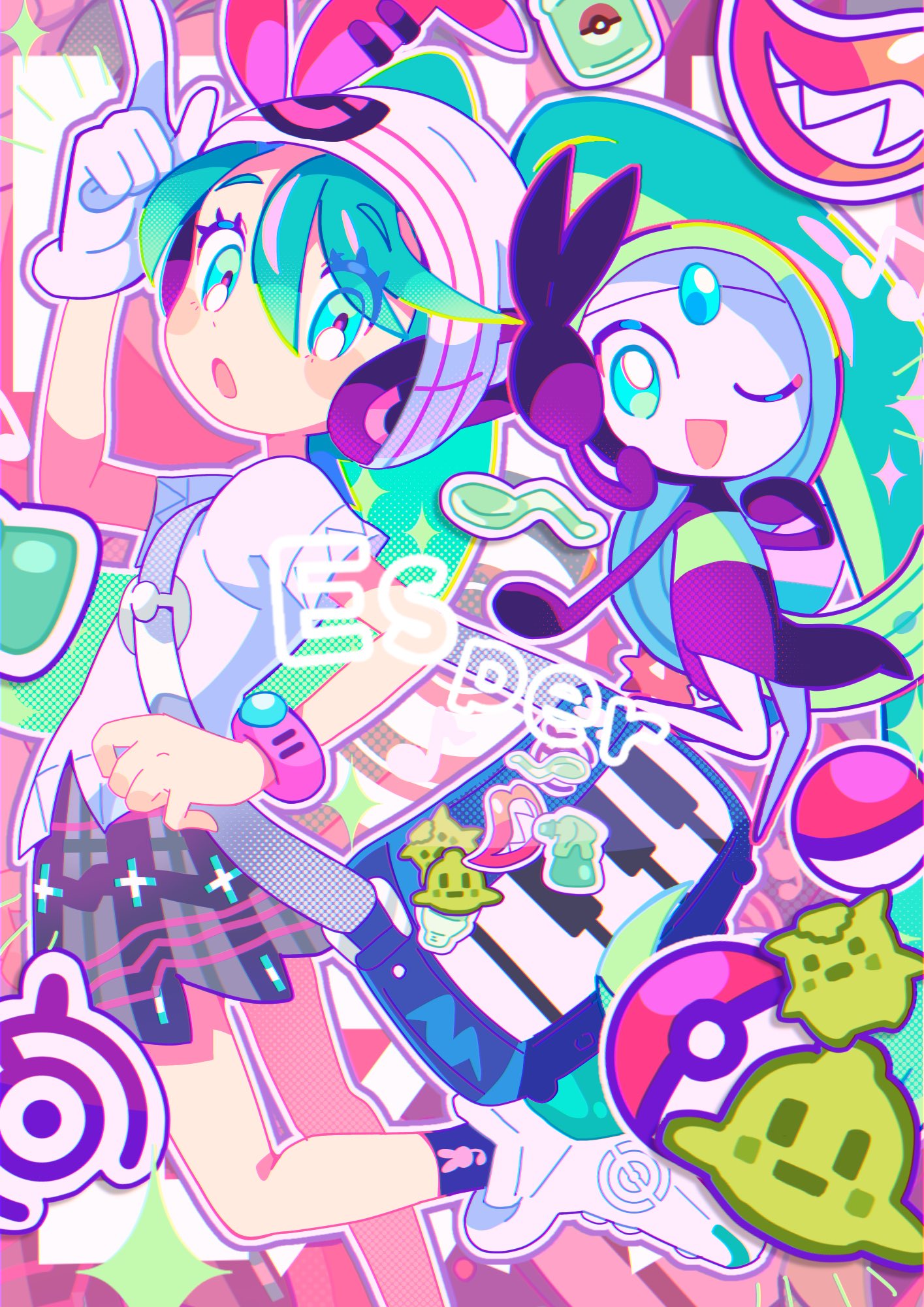 1girl, gloves, hatsune_miku, highres, looking_at_viewer, meloetta, one_eye_closed, open_mouth, pleated_skirt, pointing, poke_ball, poke_ball_(basic), poke_ball_symbol, pokemon, pokemon_(creature), project_voltage, shirt, short_sleeves, shoulder_strap, single_glove, skirt, sowao., sowasan_(sowasowa), twintails, vocaloid, white_footwear, white_gloves, white_shirt