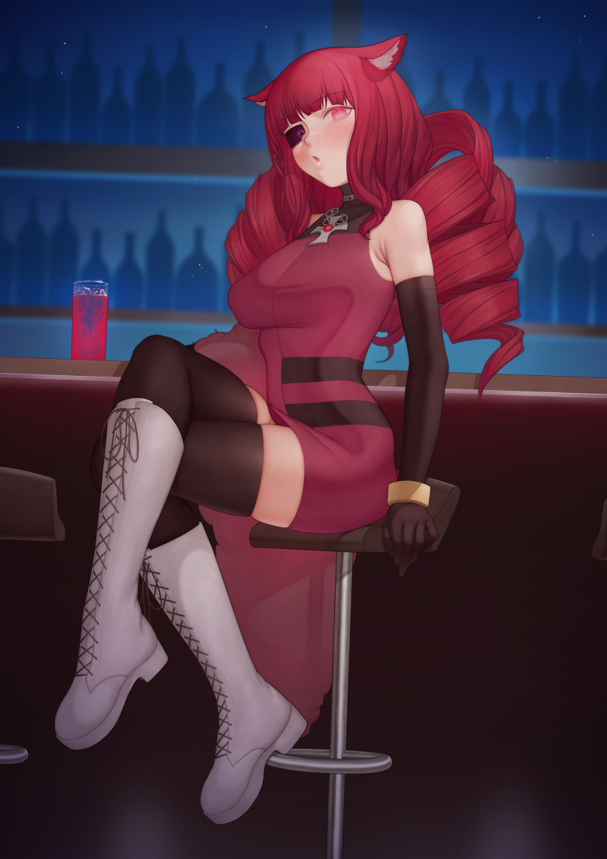 absurdres, alcohol, animal_ear_fluff, animal_ears, artificial_eye, bar_(place), bar_stool, bare_shoulders, black_gloves, blunt_bangs, blush, boots, bracelet, breasts, brooch, colored_sclera, commentary, counter, covered_nipples, cross, cross-laced_footwear, cup, dress, drill_hair, drink, drinking_glass, elbow_gloves, glass, gloves, highres, iron_cross, jewelry, large_breasts, long_hair, looking_at_viewer, mechanical_eye, ni_(221), night, open_mouth, puffy_nipples, purple_sclera, red_dress, red_eyes, redhead, skindentation, sleeveless, sleeveless_dress, stella_hoshii, stool, thigh-highs, va-11_hall-a, white_footwear, zettai_ryouiki
