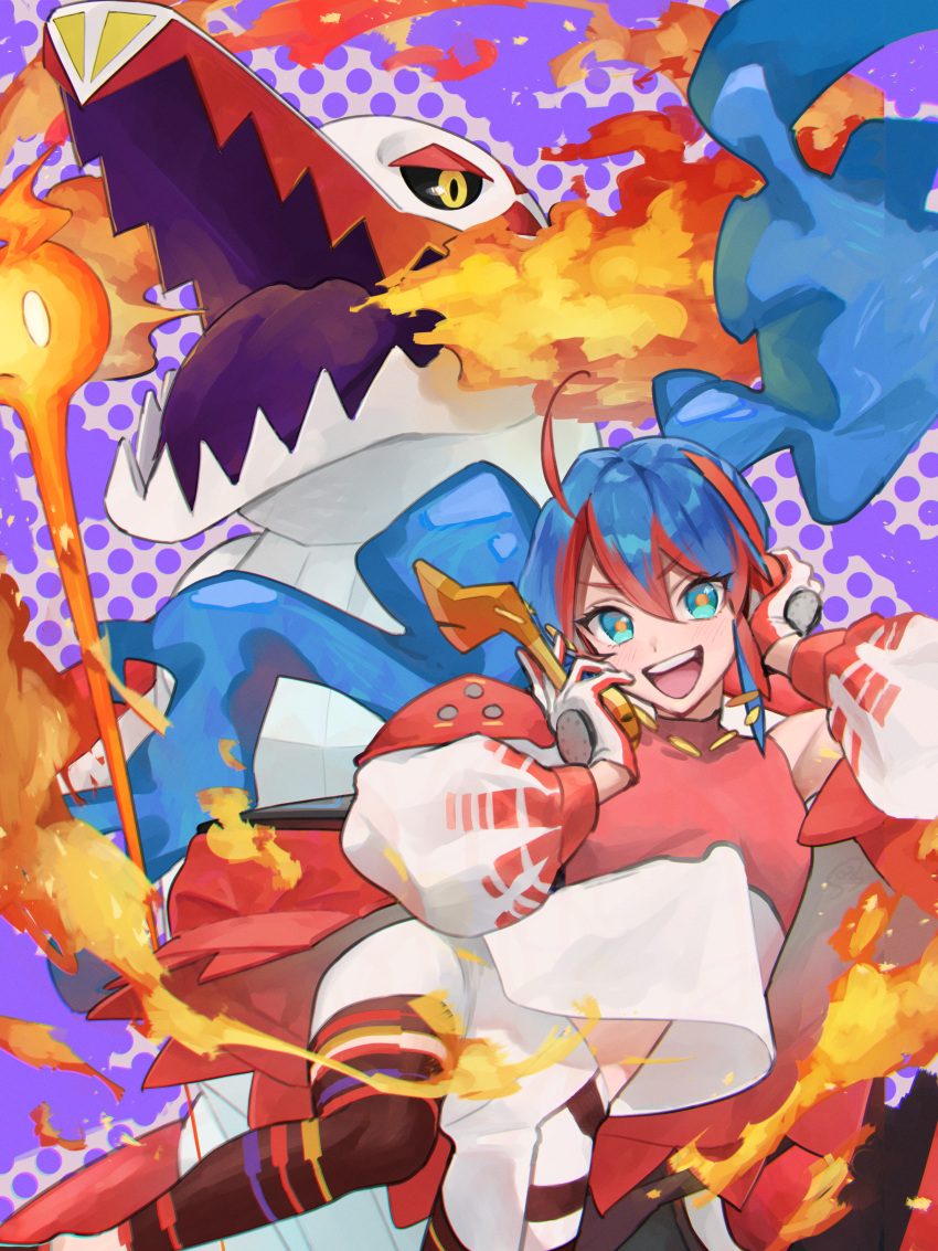 1girl, absurdres, aqua_eyes, baggy_clothes, blue_hair, bossan_3310, crossover, fire