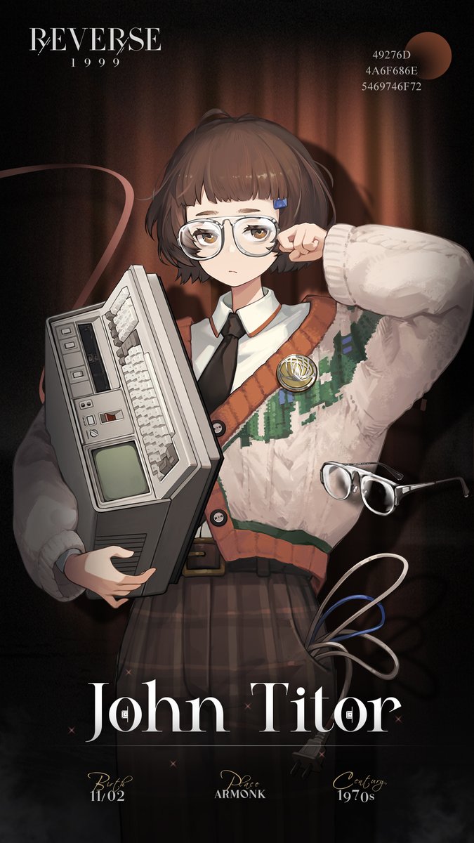 1girl, adjusting_eyewear, badge, belt, black_necktie, blunt_bangs, bob_cut, brown_background
