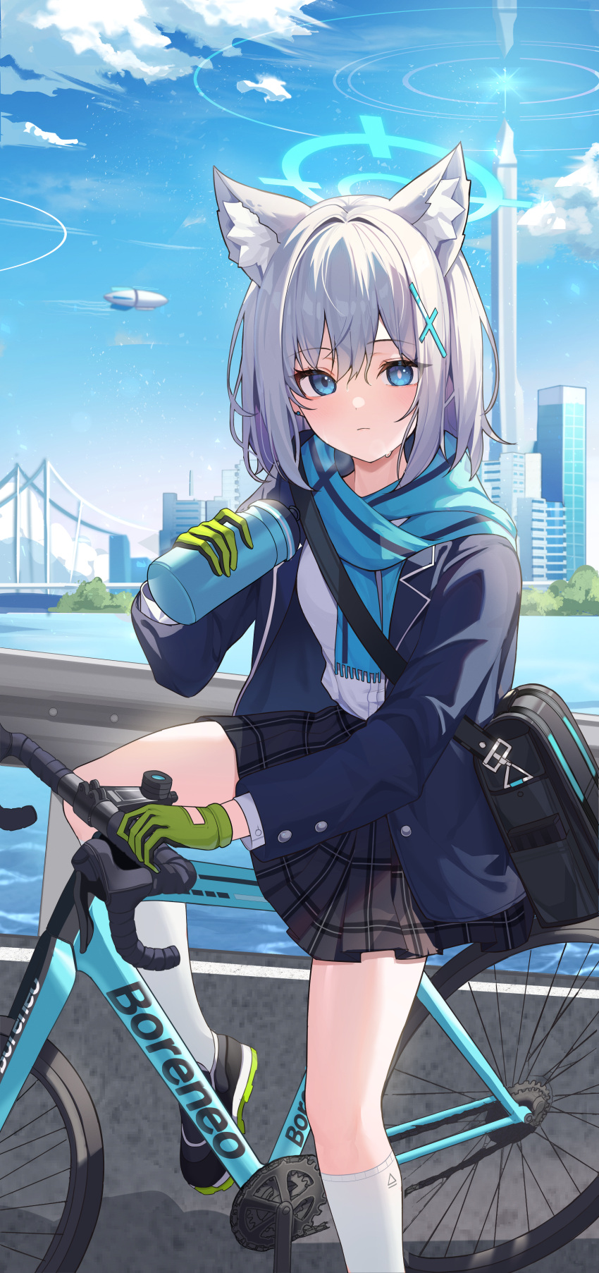 1girl, absurdres, animal_ears, aqua_scarf, bicycle, black_skirt, blazer, blue_archive