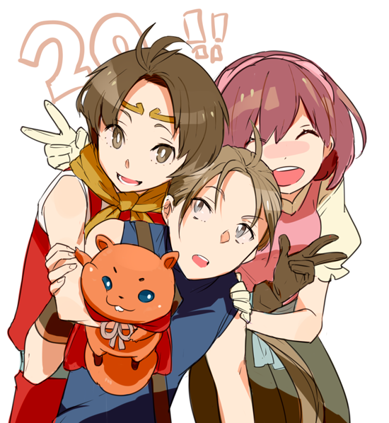 1girl, 3boys, brown_hair, cape, circlet, closed_eyes, closed_mouth, gensou_suikoden