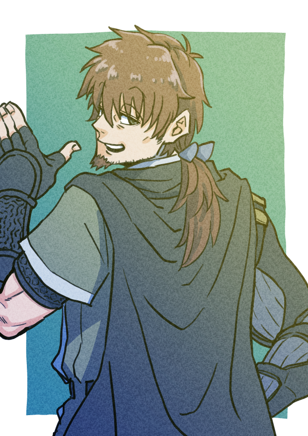1boy, bags_under_eyes, belt, blue_bow, border, bow, brown_eyes, brown_hair, cheekbones, facial_hair, fate/grand_order, fate_(series), fingerless_gloves, fingernails, gloves, goatee, green_tunic, hector_(fate), looking_at_viewer, looking_back, male_focus, mature_male, ponytail, sideburns_stubble, solo, sparse_stubble, teeth, upper_teeth_only, waving, white_border, yaso80hachi